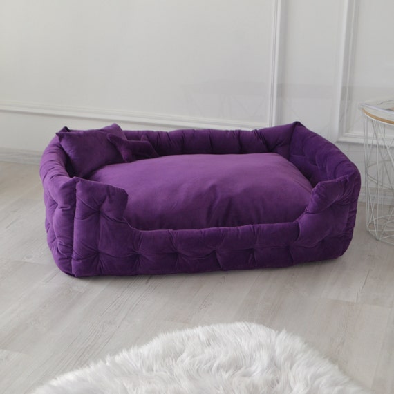 Purple Velour Dog Bed: Removable Pillowcase, Anti-Claw Fabric