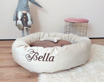 Beige Dog Bed: Personalized Embroidered Pet Furniture