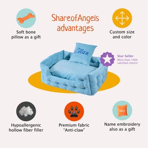 May include: Blue dog bed with a quilted design and a removable cushion. The bed is filled with hypoallergenic hollow fiber and has a soft bone pillow and a personalized name embroidery included. The bed is available in custom sizes and colors.