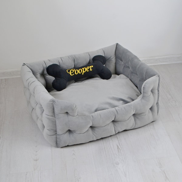 Grey dog beds with embroidery bolster for calming, Handmade, Personalized