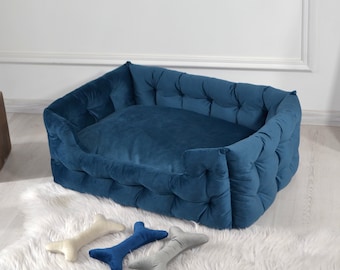 Blue Velour Dog Couch: Indestructible Pet Bed with Removable Cover