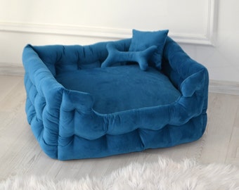 Blue Dog Bed, Large dog bed, velvet dog bed, dog bed Large, dog bed liner, canvas dog bed, extra large dog bed, luxury dog bed