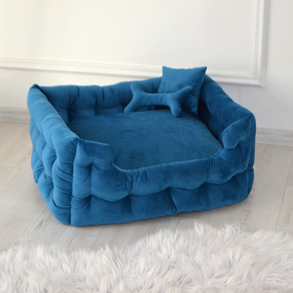 Blue Dog Bed, Large dog bed, velvet dog bed, dog bed Large, dog bed liner, canvas dog bed, extra large dog bed, luxury dog bed