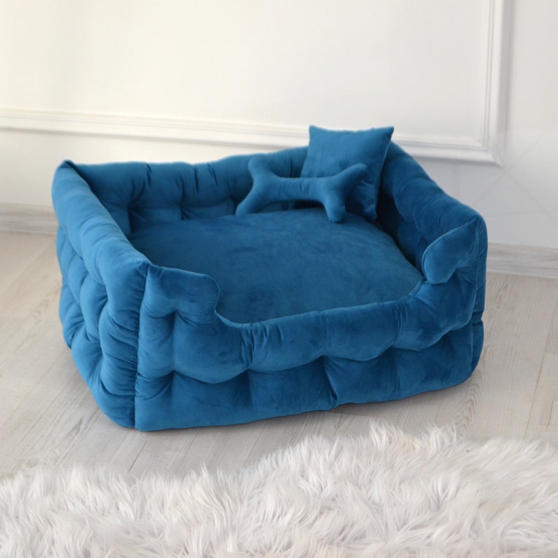 Blue Dog Bed, Large dog bed, velvet dog bed, dog bed Large, dog bed liner, canvas dog bed, extra large dog bed, luxury dog bed image 1