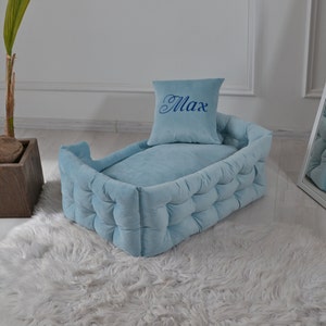 Light blue dog bed personalized in upholstered velor