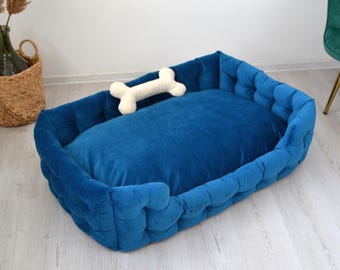 Embroidered Blue Velour Dog Bed: Handmade Anti-Claw Pet Bed
