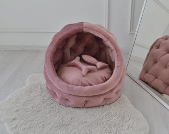 Pink Velour Pet Cave: Washable Dog & Cat Bed
