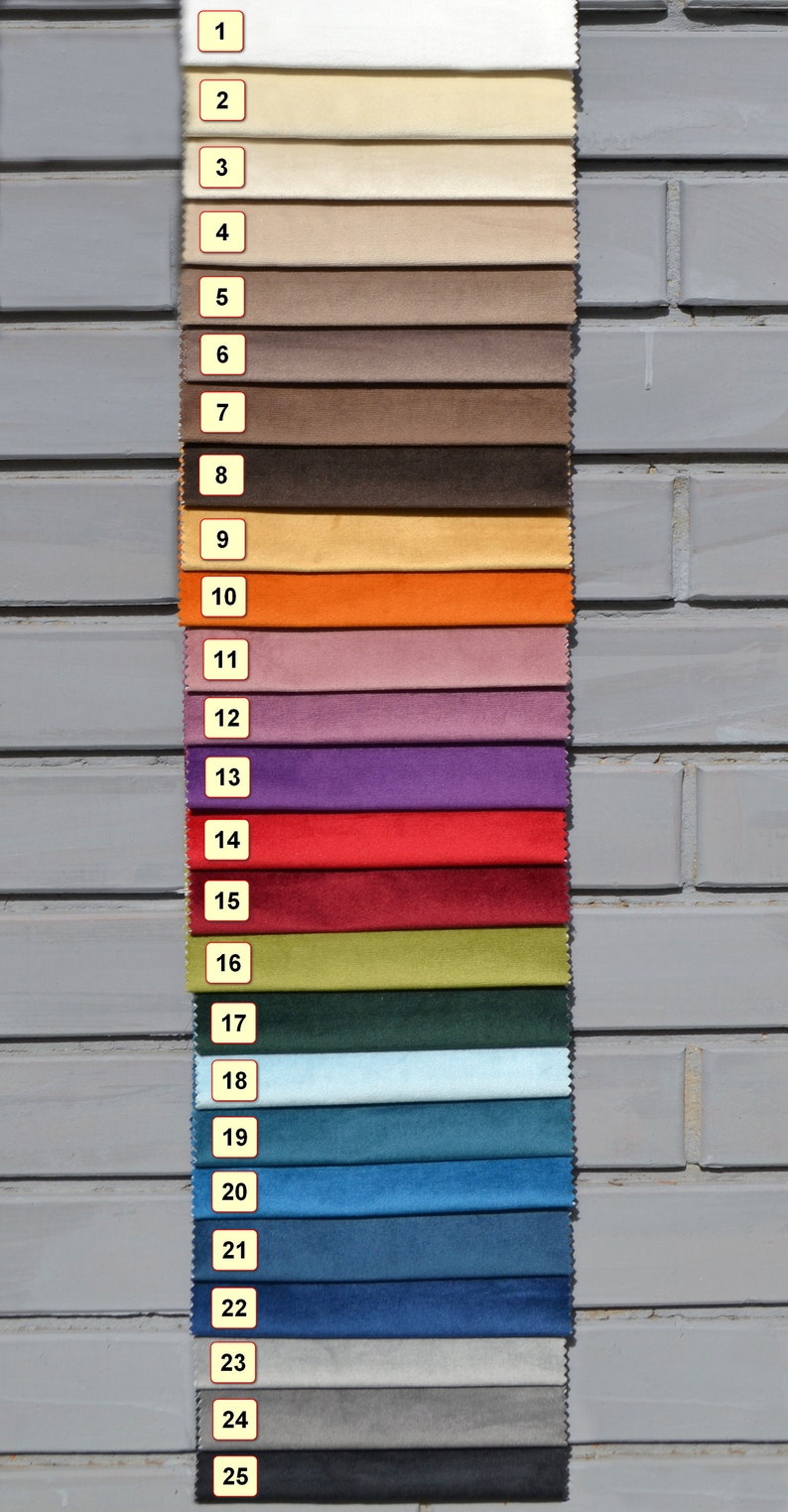 May include: A swatch card with 25 different fabric samples. The samples are arranged in rows, with each row containing a different color. The colors range from white to black, with shades of beige, brown, orange, red, purple, green, blue, and gray in between.