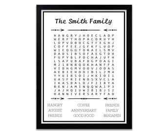 May include: Black and white word search puzzle with the words "The Smith Family" at the top. The puzzle includes words like "hangry", "coffee", "friends", "august", "anniversary", "family", and "good food".
