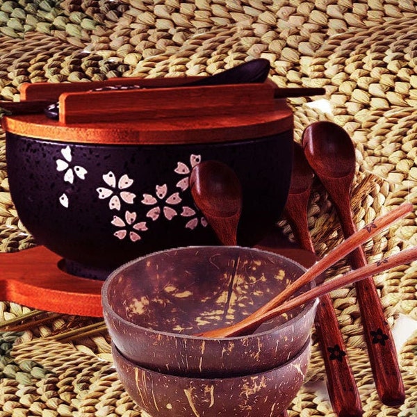 Crude Coconut Shell Bowl Handcraft with three Spoons and Fork   ,Japanese Bowl  Tableware## 2 in one sale!