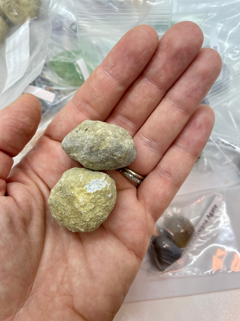 May include: Two small, round, light green and white stones with a rough texture. The stones are being held in a hand.