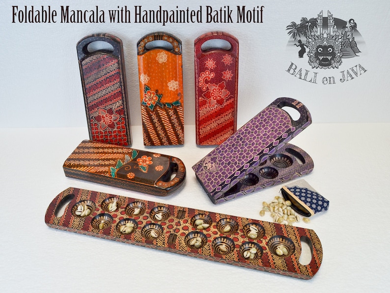 Mancala Vintage Wooden Asian Congkak Sungka Kalaha Oware Board Game Batik Foldable Handpainted Home Decor Toys Family Game Table Game 