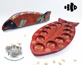Mancala Fish Handmade Board Game: Wooden Asian Congkak, Oware, Sungka with Batik Design – Family Game – Screen Free Activity
