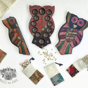Handmade Mancala Owl Game: Vintage Asian Congkak Board with Cowrie Shells