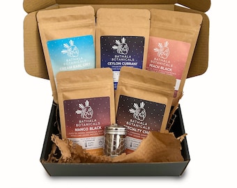 Flavorful Loose Leaf Black Tea Starter Kit Set Bathala Botanicals - Organic Tea Variety Gift Pack - Tea Gift Box Set with Hex Tea Strainer