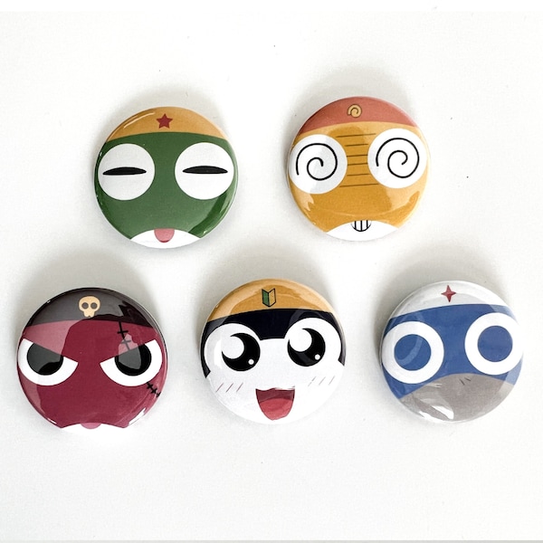 Keroro Platoon Faces 1.5" Pinback Button Pin Set | Keroro | Dororo | Tamama | Giroro | Kururu Team