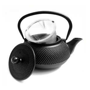 May include: Black cast iron teapot with a removable stainless steel strainer and a lid. The teapot has a textured surface and a handle.