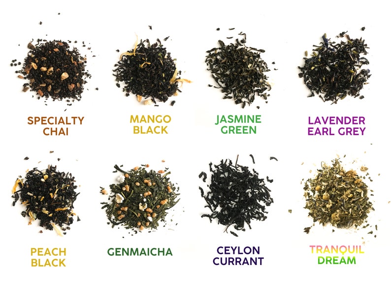 May include: Assortment of loose leaf tea blends, including Specialty Chai, Mango Black, Jasmine Green, Lavender Earl Grey, Peach Black, Genmaicha, Ceylon Currant, and Tranquil Dream.