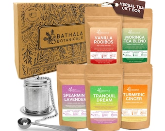 May include: A Bathala Botanicals herbal tea gift box containing five pouches of loose leaf tea in flavours including Vanilla Rooibos, Moringa, Spearmint Lavender, Tranquil Dream, and Turmeric Ginger, plus a stainless steel tea infuser and scoop.