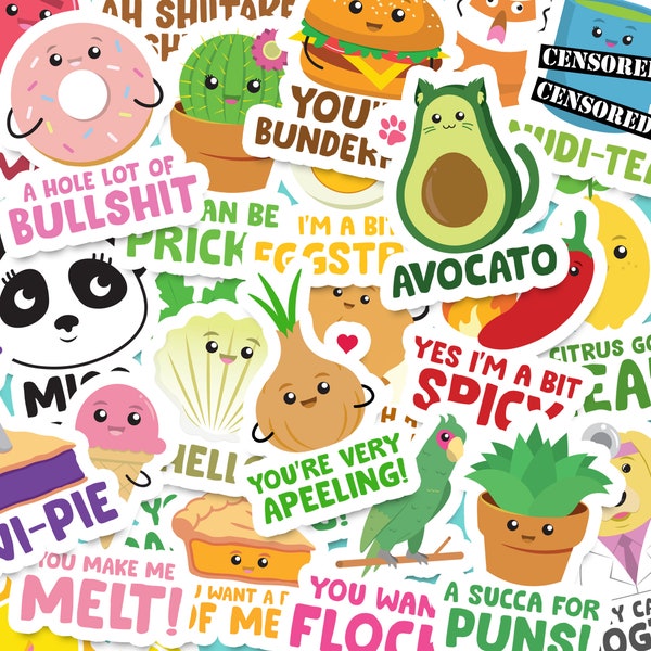 Kawaii Pun Grab Bag - Food Animal and Many Joke Puns | High Quality | Water Resistant Sticker - Laptop Hydroflask Water Bottle Journals