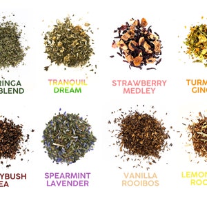 May include: Assortment of eight different loose leaf tea blends, including Moringa Tea Blend, Tranquil Dream, Strawberry Medley, Turmeric Ginger, Honeybush Tea, Spearmint Lavender, Vanilla Rooibos, and Lemongrass Rooibos.