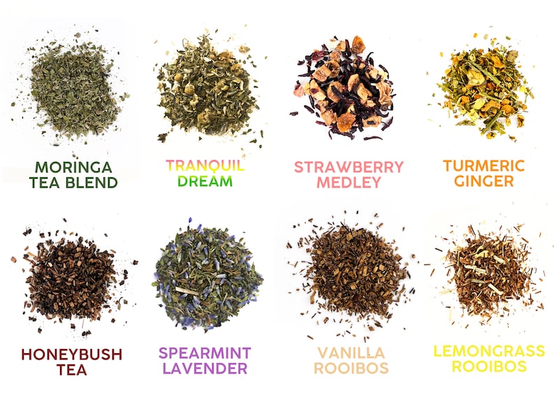 May include: Assortment of eight different loose leaf tea blends, including Moringa Tea Blend, Tranquil Dream, Strawberry Medley, Turmeric Ginger, Honeybush Tea, Spearmint Lavender, Vanilla Rooibos, and Lemongrass Rooibos.
