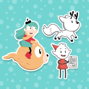 Hilda Cartoon Stickers - Hilda riding Woff Twig & Alfur | High Quality | Water Resistant Sticker - Laptop Hydroflask Water Bottle Journals