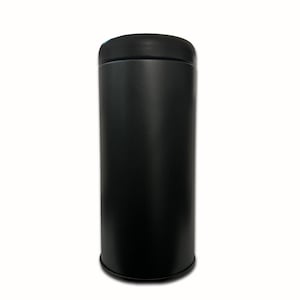May include: A tall, cylindrical black tumbler with a rounded top and base. The tumbler has a matte finish and a simple, modern design. The lid is a darker shade of black.