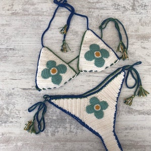 Crochet bikini set; White Crochet Bikini; Floral motif bikini; Crochet Swimwear; Bathing suit; Boho bikini; Triangle bikini, Handknit bikini