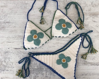 Crochet bikini set; White Crochet Bikini; Floral motif bikini; Crochet Swimwear; Bathing suit; Boho bikini; Triangle bikini, Handknit bikini