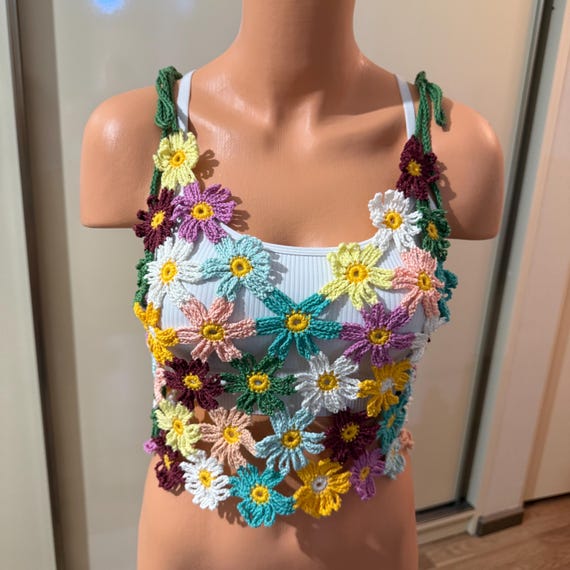 Handmade Crochet Daisy Crop Top: Colorful Floral Festival Style - Etsy