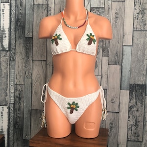 Crochet bikini set; White Crochet Bikini; Palm tree motif bikini; Crochet Swimwear; Bathing suit; Boho bikini; Handknit bikini