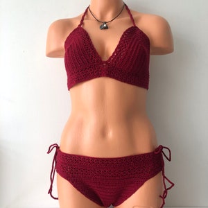 Crochet bikini set; Maroon Bikini; Crochet Beachwear; Crochet Swimwear; Bathing suit; Boho bikini; Triangle bikini; Red bikini set