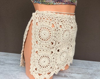 Hand-Knitted Crochet Mini Skirt: Beige Cotton Beach Cover-Up