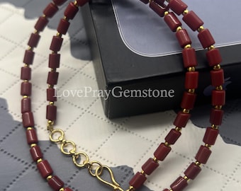 Red Coral Pipe Shaped Beads Necklace: Smooth Handmade Dainty Unisex bohemian Jewelry Crafts