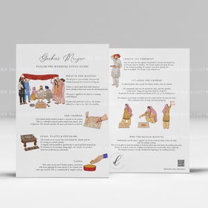 Pode incluir: Um guia ilustrado de duas páginas intitulado "Gerbies Magen" com texto e ilustrações que retratam um evento pré-casamento Punjabi. O guia apresenta ilustrações coloridas de pessoas em trajes tradicionais e texto explicando os rituais.