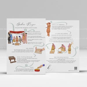 Könnte beinhalten: Ein zweiseitiger Leitfaden mit dem Titel "Gerbies Magen" mit Illustrationen, die ein Punjabi-Vorhochzeitsereignis darstellen. Der Leitfaden enthält Text und Illustrationen verschiedener Hochzeitsrituale, einschließlich der Zeremonie und der Rolle des Brautpaares.