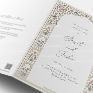 May include: A white wedding invitation with a decorative border featuring floral and architectural motifs in gold, red, and green. The invitation includes elegant script announcing a wedding date and names.