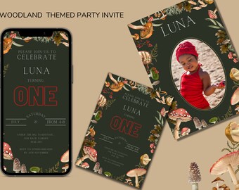 Mushroom Birthday Party Invitation, Woodland Birthday Invite, Mushroom Invitation, Forest Theme, Fungus, Rustic, Canva template