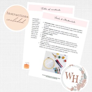 May include: A close-up of embroidery supplies, including a 6-inch embroidery hoop, embroidery needles, scissors, fabric, and DMC floss. The text "Instructions included" is visible in the upper left corner of the image. The text "Tools & Materials" is visible in the upper right corner of the image. The text "WH" is visible in a circle with floral designs in the lower right corner of the image.