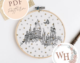 Magic Castle outline embroidery pattern • Digital PDF file instant download • Simple hand embroidery beginner friendly • Wild Hoops Wizards