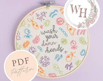 Wash your hands embroidery pattern • Instant download digital PDF • funny hoop art • home decor pandemic theme art, DIY embroidery design