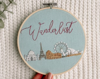 Wanderlust Landmarks Art • Hand embroidery piece with hoop • Finished product • Modern embroidery art, travel and adventure