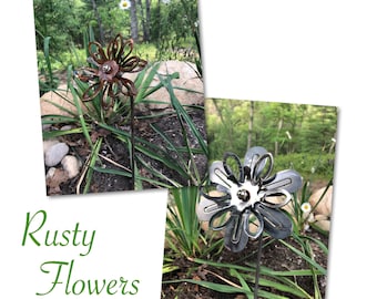Rusty Metal Garden Flower Stake, Handmade Wildflower Sculpture