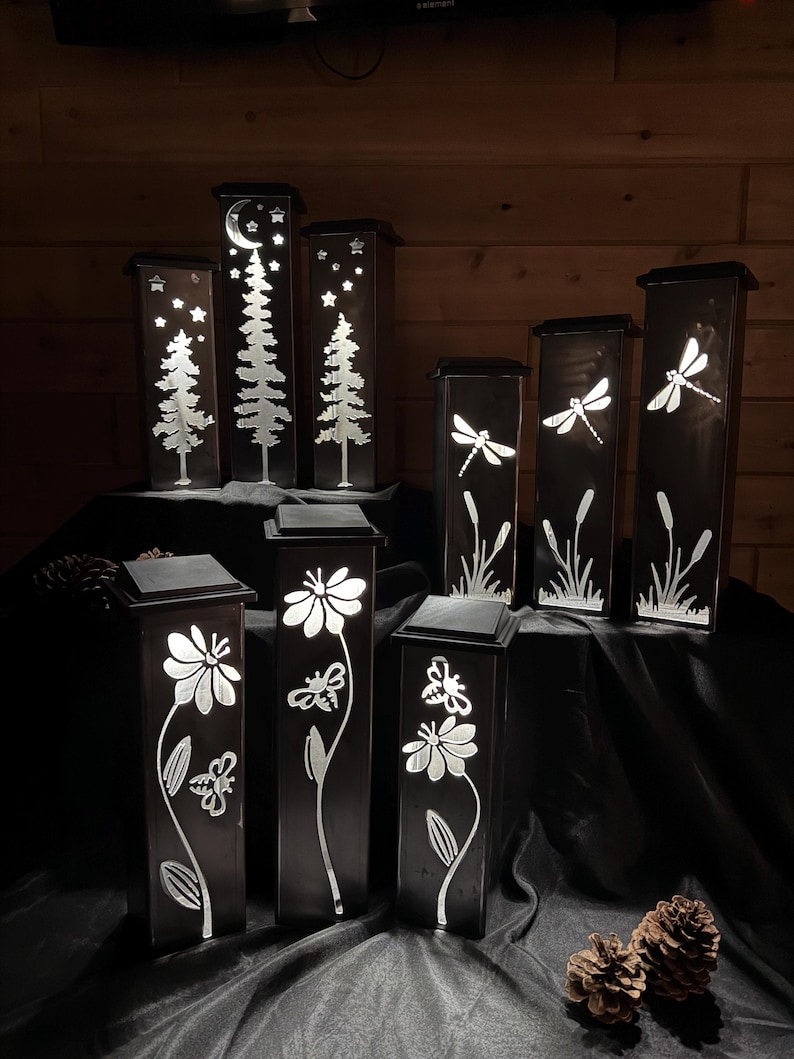Garden Column, Garden Piller, Solar Luminary Piller, Pine Tree Night Sky, Metal Garden Luminary image 2