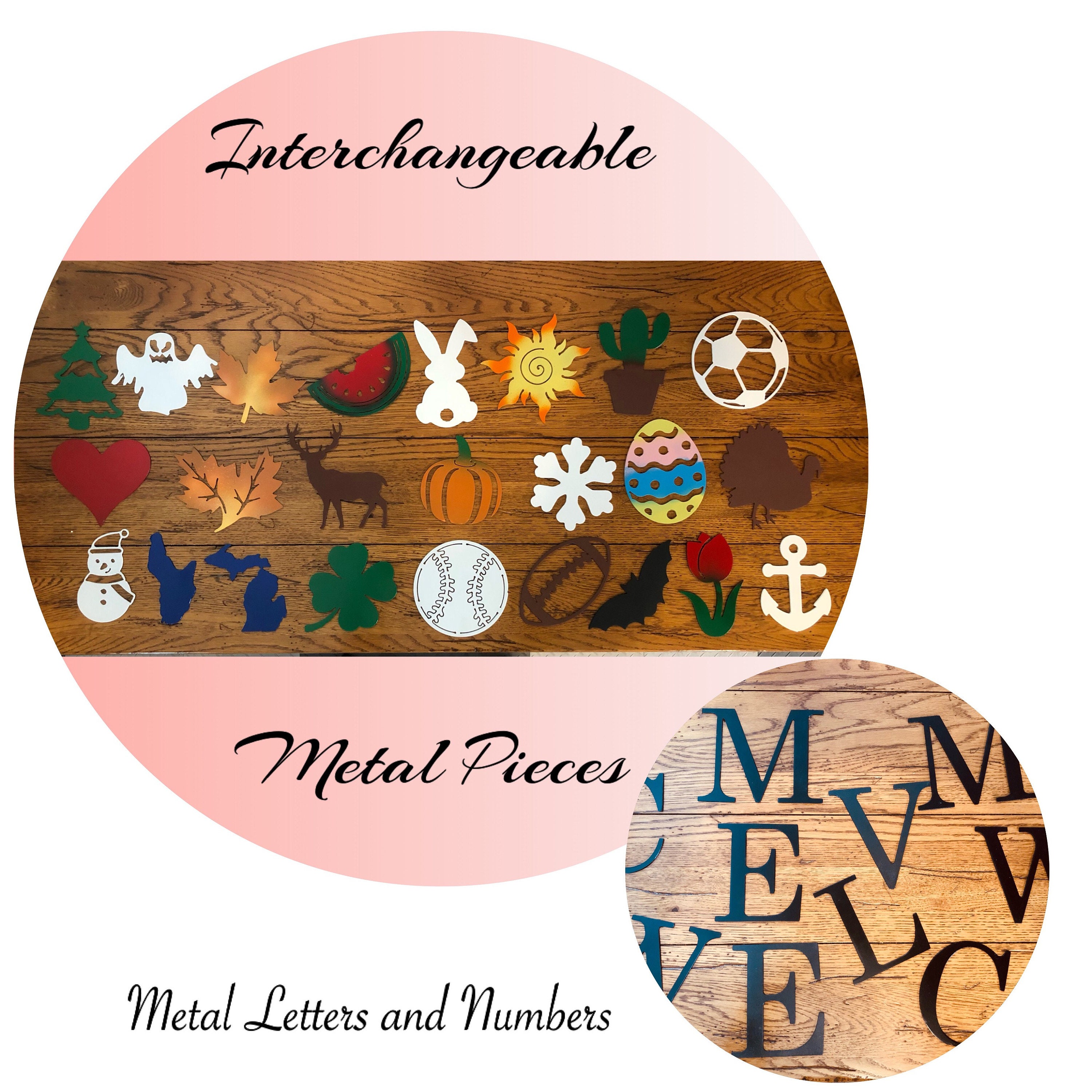 Interchangeable Metal Welcome Sign Pieces, Door Hanger Attachments