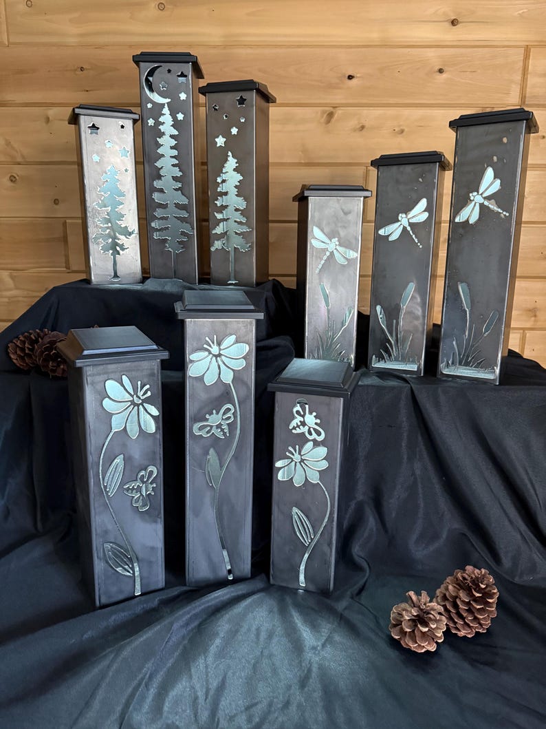 Garden Column, Garden Piller, Solar Luminary Piller, Pine Tree Night Sky, Metal Garden Luminary image 3