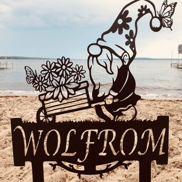 Gnome Monogram Garden Stake, Personalized Metal Address Sign