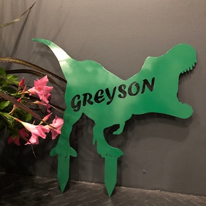 Personalized T-Rex Metal Garden Stake, Garden Decor, Yard Decor, Address Sign, Dinosaur, Metal Garden Decor, Birthday Gift