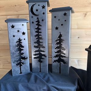 Garden Column, Garden Piller, Solar Luminary Piller, Pine Tree Night Sky, Metal Garden Luminary